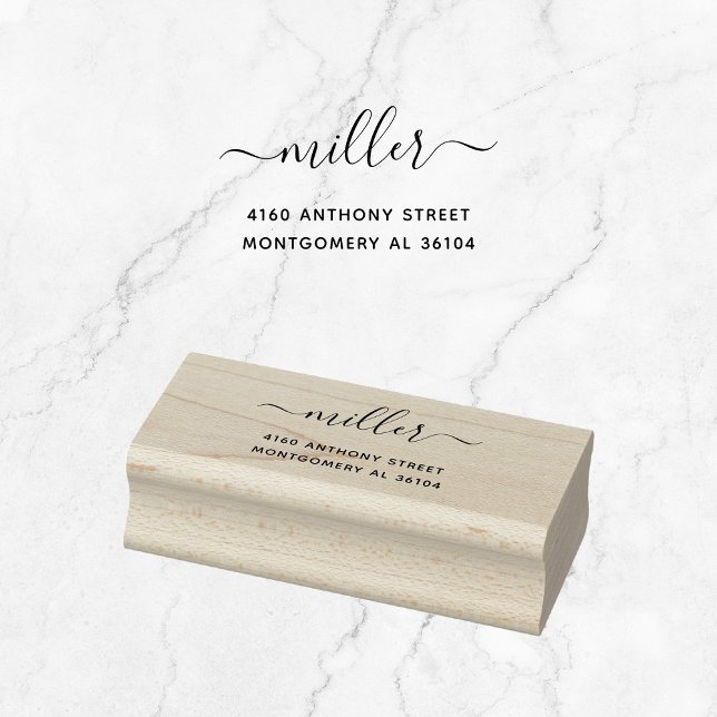 Tampons Encreurs Nom manuscrit moderne 08d Adresse de retour Wooden (Modern typography wooden return address stamp, custom name in a modern calligraphy font with swashes)