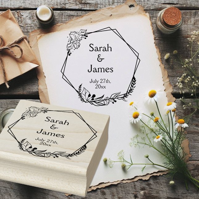 Tampons Encreurs Noms géométriques romantiques Mariage Date Timbre  (Rustic geometric wedding rubber stamp.)