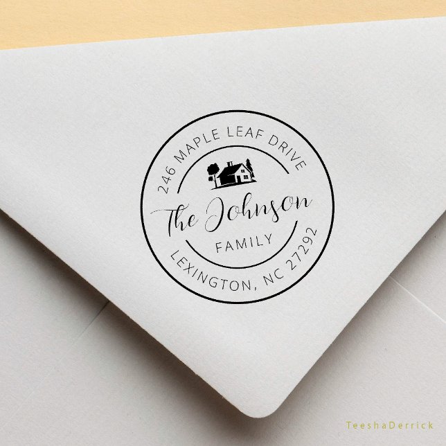 Tampons Encreurs Notre nouveau Faire-part d'adresse à la maison (Our New House Address Announcement Modern Rustic Round Rubber Stamp)