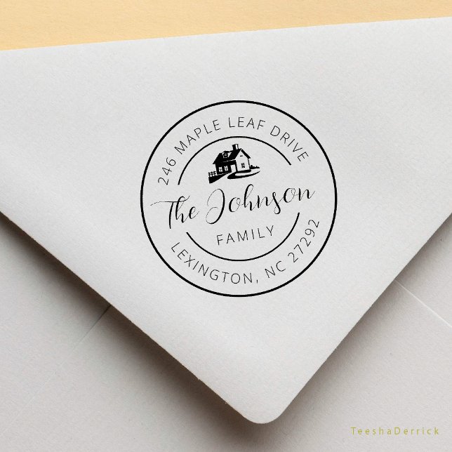 Tampons Encreurs Notre nouveau Faire-part d'adresse à la maison (Our New House Address Announcement Modern Rustic Round Rubber Stamp)