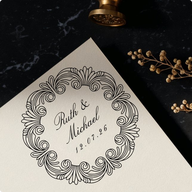 Tampons Encreurs Ornate Baroque Scrollwork Mariage en bois Nom Date (Créateur téléchargé)