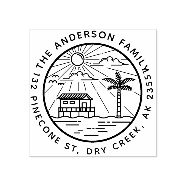 Tampons Encreurs Palm Tree & Sun Round Nom de famille Adresse (Impression)