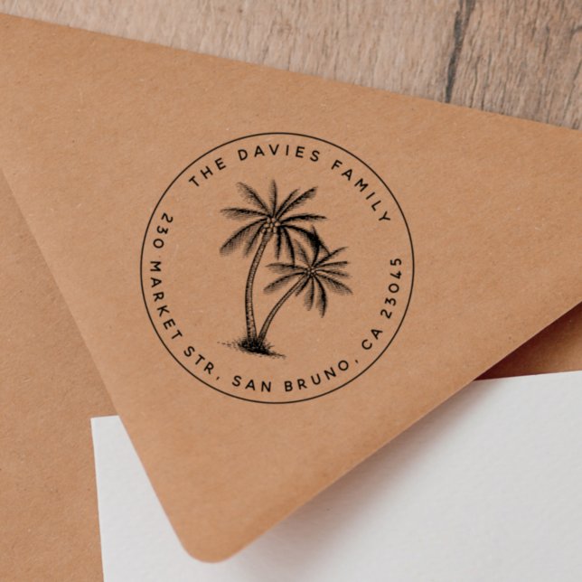 Tampons Encreurs Palm Trees Modernes Nom de famille Ronde Adresse d (Rubber Stamp Mock-up)