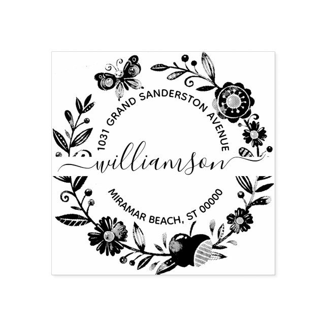 Tampons Encreurs Papillon floral Elegant Wreath Adresse de retour (Impression)