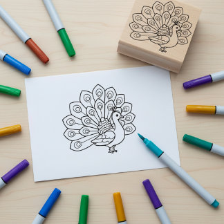 Tampons Encreurs Peacock Coloring Book Outline Wooden Art Stamp