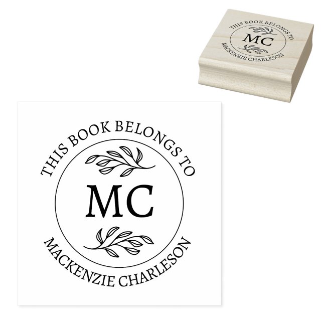 Tampons Encreurs Personalized Monogram This Book Belongs To (Botanical Leaf classical monogram initial personalized Ex Libris from the library of rubber stamp)