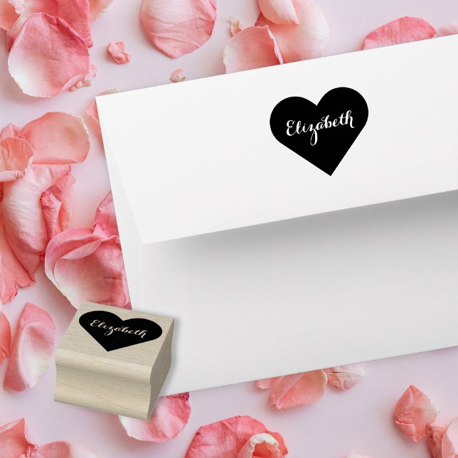 Tampons Encreurs Personnalisé Élégant Nom de script Coeur Amour (Custom Personalized Elegant Script Name Heart Love Rubber Stamp)