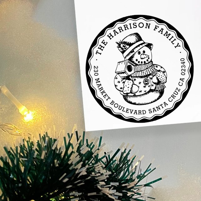 Tampons Encreurs Retro Snowman Round Nom de famille et adresse de r (Créateur téléchargé)