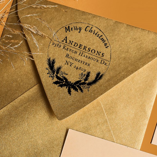 Tampons Encreurs Russe Wreath Joyeux Noël Adresse de retour (Rustic Merry Christmas Wreath Return Address Rubber Stamp)