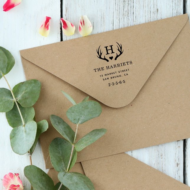 Tampons Encreurs Rustic Antlers Monogram Nom de famille Adresse de  (Créateur téléchargé)