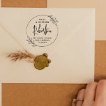 Tampons Encreurs Simple Modern Wreath Married Couple Return Address<br><div class="desc">This modern wooden stamp features a rustic, hand-drawn, circular frame of two curved botanical sprigs with leaves at the ends. In the middle of the round frame, the couple's names appear at the top, with their shared surname or family name in modern hand-lettering script calligraphy and their address or contact...</div>