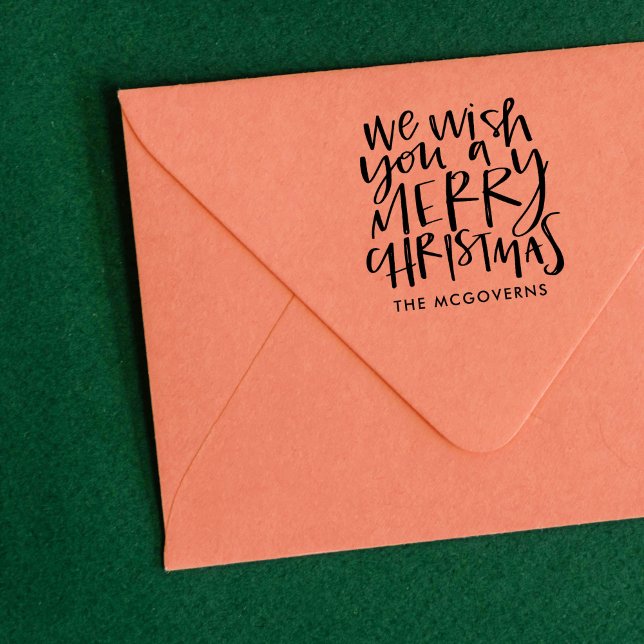 Tampons Encreurs Souhaitez-vous un joyeux Noël personnalisé Nom Sta (Wish You a Merry Christmas custom holiday rubber stamp.)