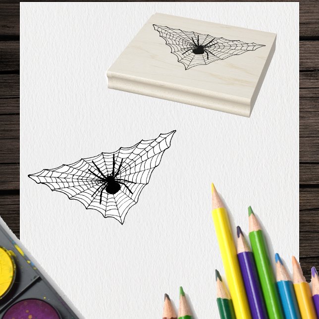 Tampons Encreurs Toile en forme de triangle avec grosse araignée po (Big crawling spider in triangle shaped spider web on Halloween craft rubber stamp.)