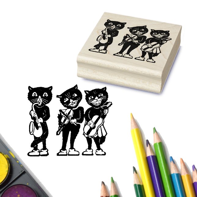 Tampons Encreurs Trois musiciens de chat noir Guitare Fiddle Saxoph (Craft stamp of three jazz musician cats playing music instruments.)