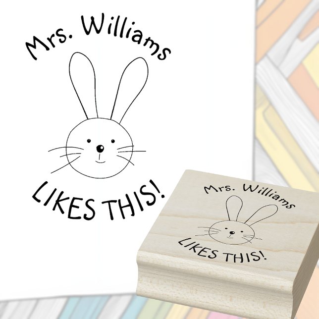 Tampons Encreurs Un enseignant de lapin lapin personnalisé fait l'é (Positive praise teacher's stamp with a bunny and custom teacher's name.)