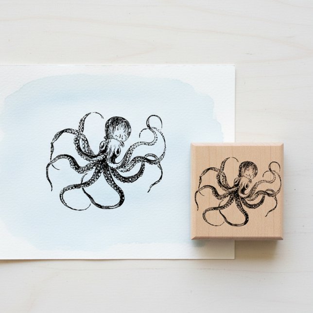 Tampons Encreurs Vintage Etched Octopus Wooden Art Stamp (Etched vintage octopus wooden art stamp. )