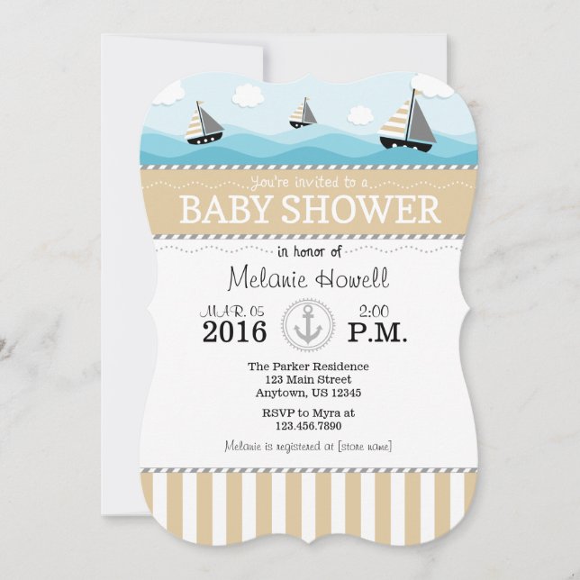 Tan Beige Bleu Baby shower nautique Invitation (Devant)