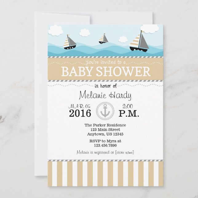 Tan Beige Bleu Baby shower nautique Invitation