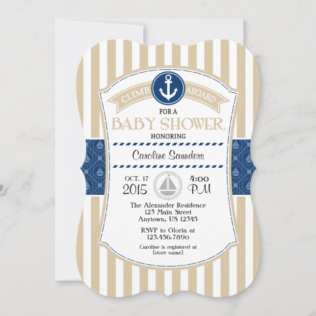 Tan Beige Bleu Baby shower nautique Invitation (Devant)