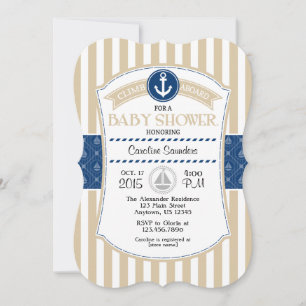 Tan Beige Bleu Baby shower nautique Invitation