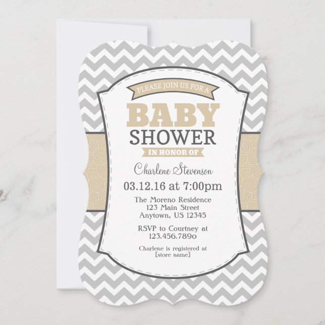 Tan Beige Grey Chevron Baby shower Invitation (Devant)