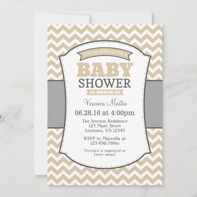 Tan Beige Grey Chevron Baby shower Invitation (Devant)