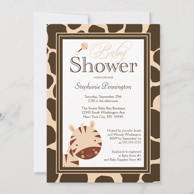 Tan + brun zebra boys Invitation baby shower (Devant)