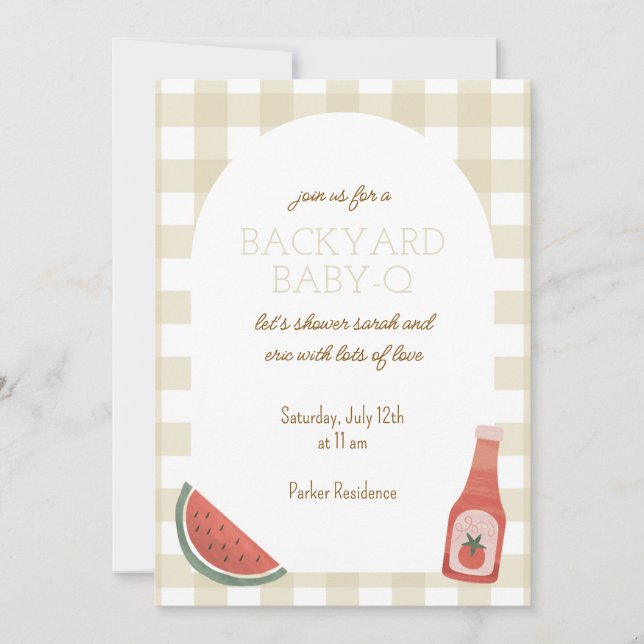 Tan Gingham Baby-Q Baby Shower Invitation (Devant)