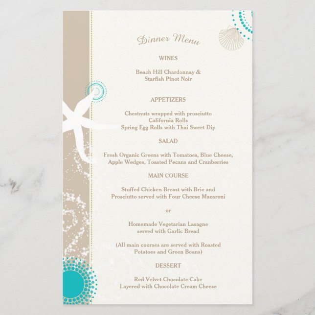 Tan Ivory Aqua Menu de mariage tendance plage Plag (Devant)