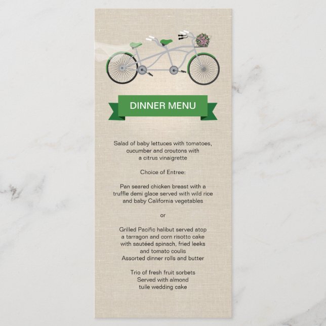 Tandem Vélo Vert Mariage Menu Faux Linen (Devant)