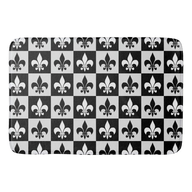 Tapis De Bain à damiers Blanc Noir Fleur-De-Lis Motif (Devant)