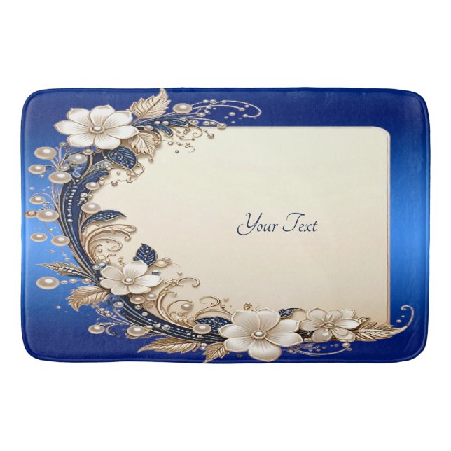 Tapis de bain à embellissement floral bleu blanc (Devant)