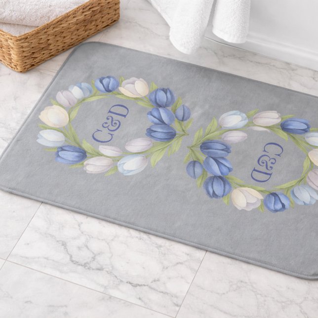 Tapis de bain à monogramme Tulipe Bleue Élégant Fl (Créateur téléchargé)