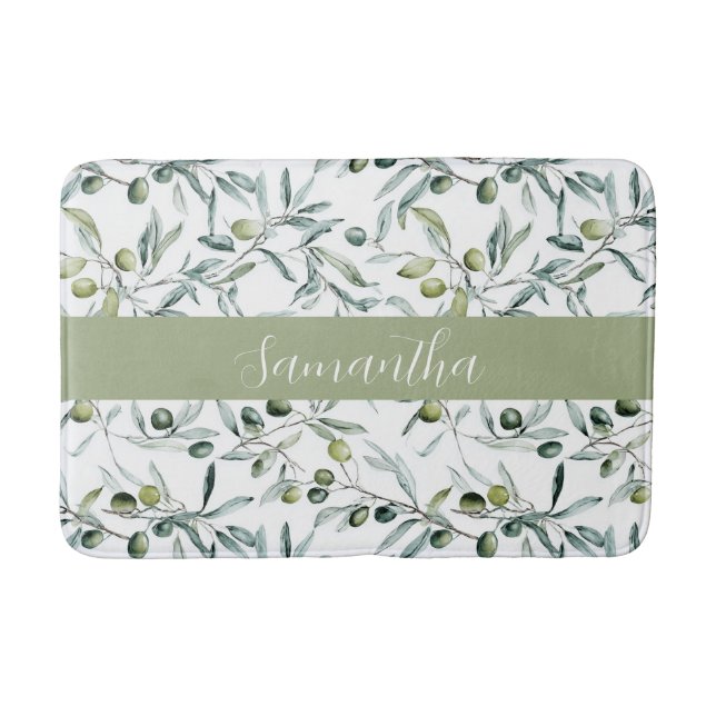 Tapis de bain à motif olive vert sauge de campagne (Devant)