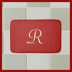 Tapis de bain à peluche monogramme rouge et crème