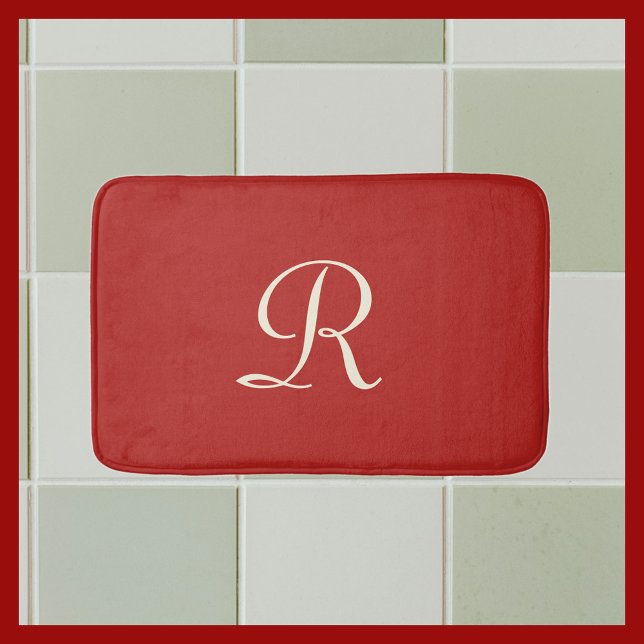Tapis de bain à peluche monogramme rouge et crème (Créateur téléchargé)