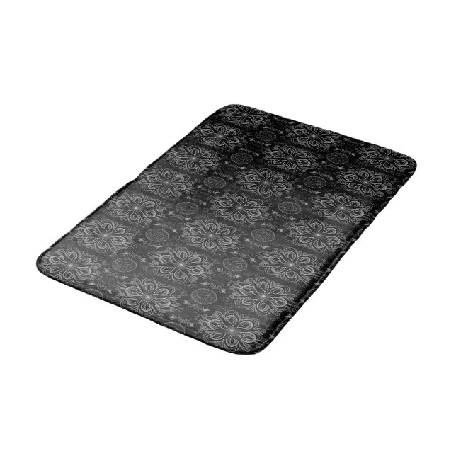 Tapis De Bain Abstrait Floral Noir Et Argent (Angle)