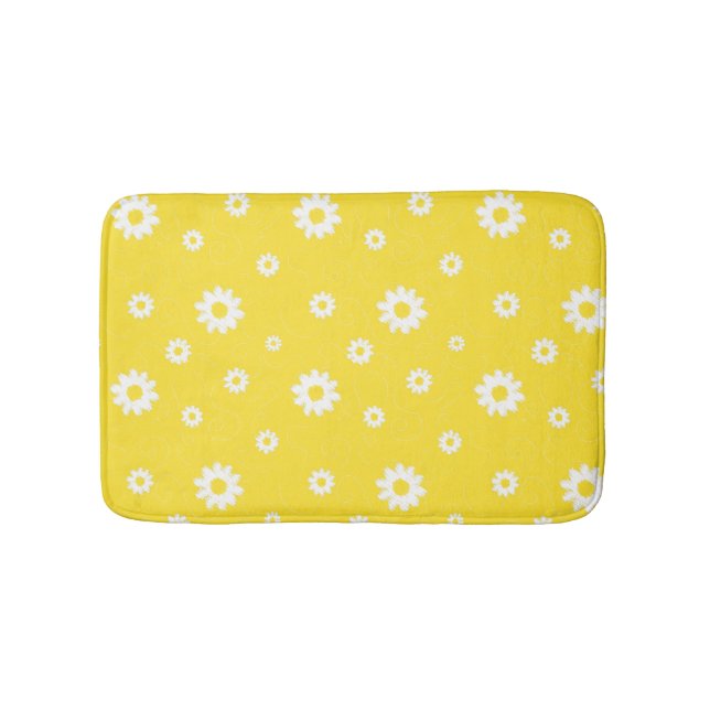 Tapis De Bain Abstrait Scribble Jaune Motif de fleurs blanches (Devant)