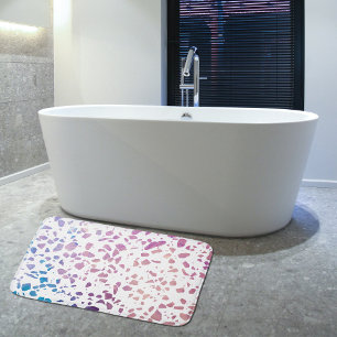 Tapis De Bain Abstrait Terrazzo Mosaic rose et Motif bleu
