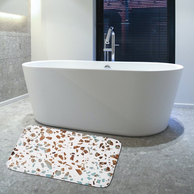 Tapis De Bain Abstrait Terrazzo Mosaic rouille Brown & Motif ble (Créateur téléchargé)