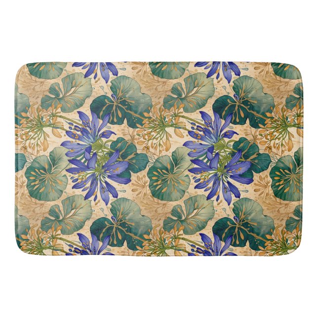 Tapis De Bain Agapanthus Bleu sur le chaume de bain fleuri Tan (Devant)