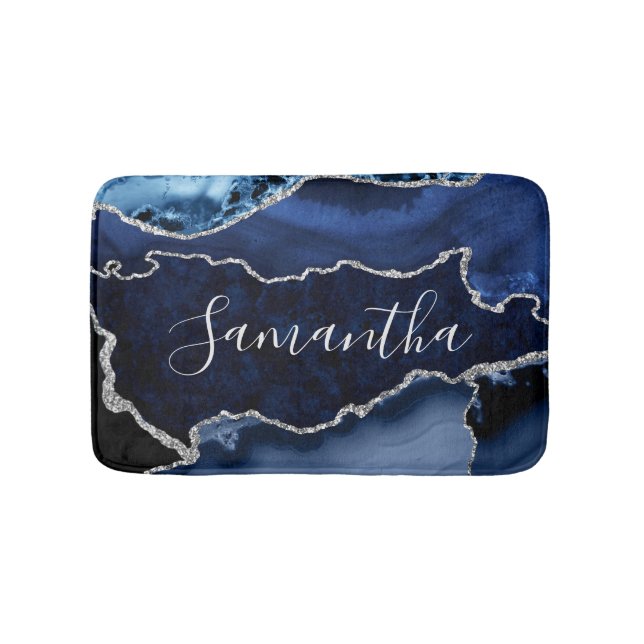 Tapis De Bain Agate Marbre Paillettes Bleu et Faux Argent (Devant)