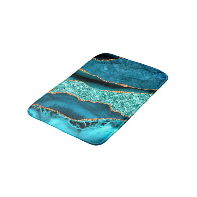 Tapis De Bain Agate Turquoise Bleu Marbre Or Aqua Bain Mat (Angle)