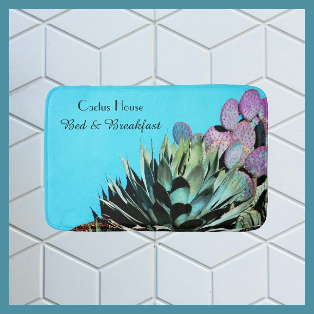 Tapis De Bain Agave and Pricky Pear Cactus on Turquoise Wall (Créateur téléchargé)