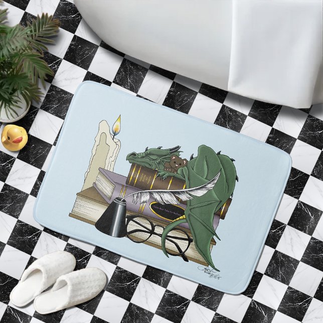 Tapis De Bain Amant de livres dragon endormi fantaisiste vert co (Créateur téléchargé)