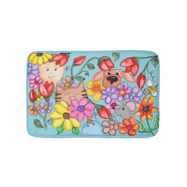 Tapis De Bain Amis Animaux Parmi les Fleurs (Devant)
