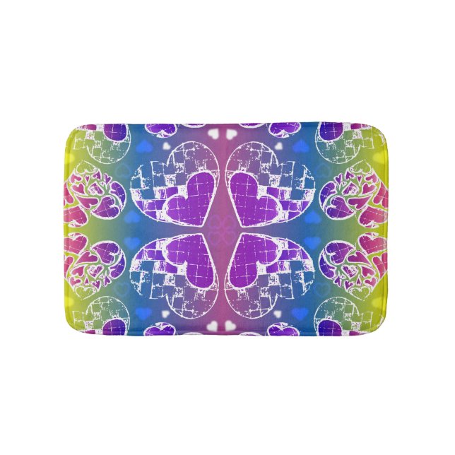 Tapis De Bain Amusant Violet, bleu, jaune motif de Coeurs Whimsi (Devant)