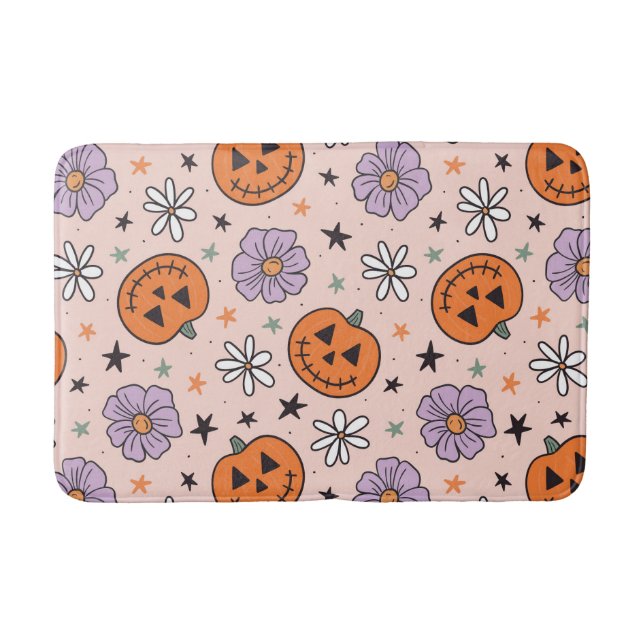 Tapis De Bain Amusants Citrouilles d'Halloween et Fleurs Motif (Devant)