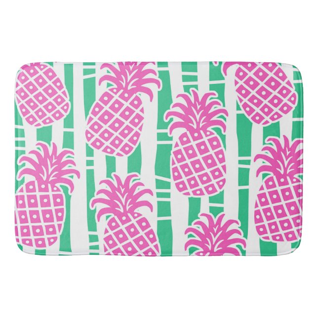 Tapis De Bain Ananas Bambou rayures rose et Motif vert (Devant)
