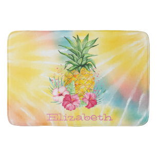 Tapis De Bain Ananas, Hibiscus Aquarelle Arc-en-ciel Tie-Dye